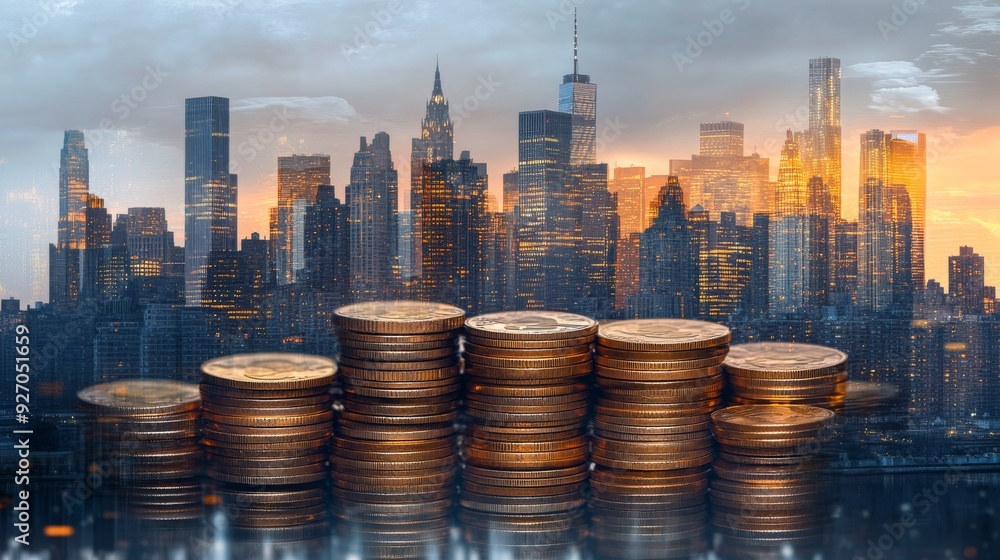 Poster Double exposure effect showing a metropolitan skyline layered over a stack of coins, emphasizing the relationship between city growth and financial prosperity.