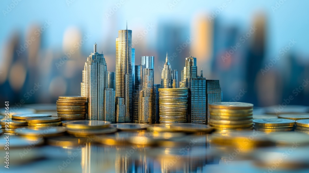 Aufkleber Double exposure effect showing a metropolitan skyline layered over a stack of coins, emphasizing the relationship between city growth and financial prosperity.