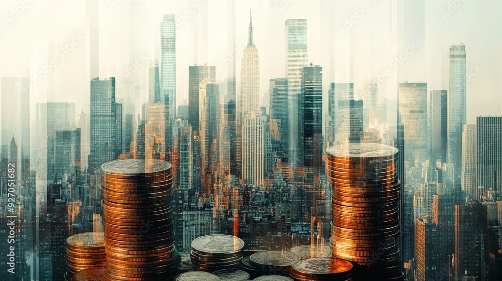 Aufkleber Double exposure effect showing a metropolitan skyline layered over a stack of coins, emphasizing the relationship between city growth and financial prosperity.
