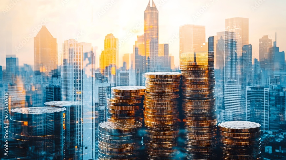 Poster double exposure of a city skyline merging with a stack of coins, representing the intersection of ur