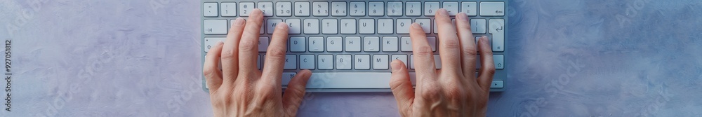 Poster middle-aged mans hands typing on keyboard with lock icon displayed, workplace cybersecurity, flat la