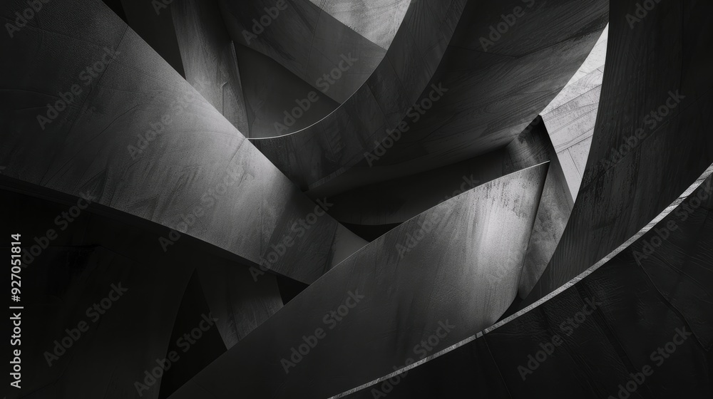 Wall mural abstract concrete architectural design with intertwining curved shapes in black and white.