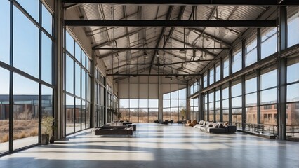 Modern industrial building with exposed steel beams, large glass windows, and open spaces.