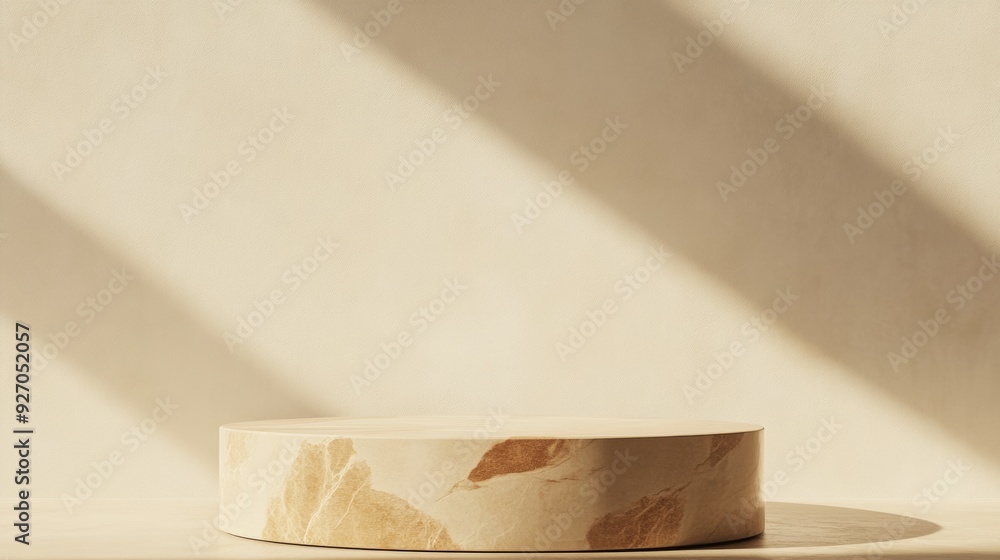 Poster minimalist beige marble podium with soft natural lighting and shadows in a monochromatic background 