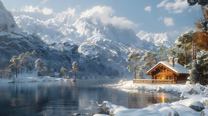 Fototapeta premium Cozy Rustic Cabin Nestled in Snowy Mountain Landscape for Peaceful Winter Retreat