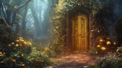 An ornate, golden door in an ancient castle creaks open to unveil a fantastical forest with glowing flora and a misty atmosphere.