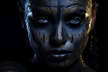 a woman with makeup, in the style of dark and spooky themes, spontaneous gesture, art of tonga, comfycore, metal, contest winner, nabis