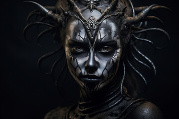 a woman with makeup, in the style of dark and spooky themes, spontaneous gesture, art of tonga, comfycore, metal, contest winner, nabis