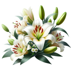 Obraz premium Bouquet white lily with leaves and buds isolated on transparent background, floral design element, PNG Image