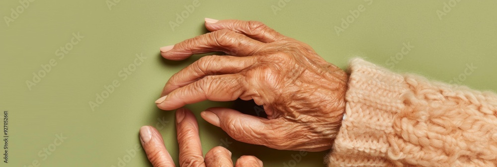 Aufkleber Elderly Womans Hands with Tablet Displaying Lock Icon - Emphasizing Digital Safety for All Ages on a Minimalistic Green Background