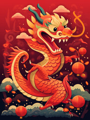 Fototapeta premium Playful Red Chinese Dragon Flying Among Lanterns And Clouds During A Festive Celebration