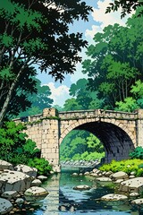 Fototapeta premium An anime-style old stone bridge over a rain-filled river, with lush vegetation and the sound of raindrops adding to the tranquil atmosphere. Generative AI