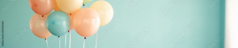 Poster subtle celebration pastel balloons floating against a blue background in minimalistic design with am