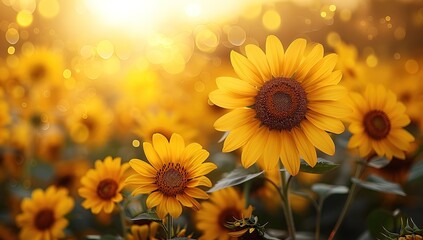 Fototapeta premium A field of yellow sunflowers with a bright sun in the background