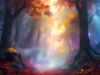 A mystical forest scene with a light mist hanging in the air, softening the vibrant colors of autumn leaves and creating an ethereal atmosphere.