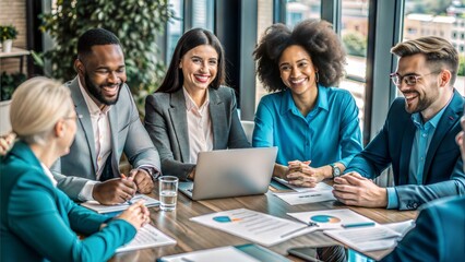 smiling diverse colleagues gather in boardroom