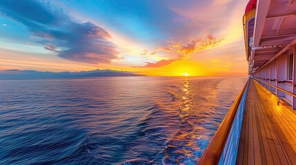 A cruise ship sailing on the ocean at sunset, with a view of the golden sun setting over the horizon and a mountain range in the distance.