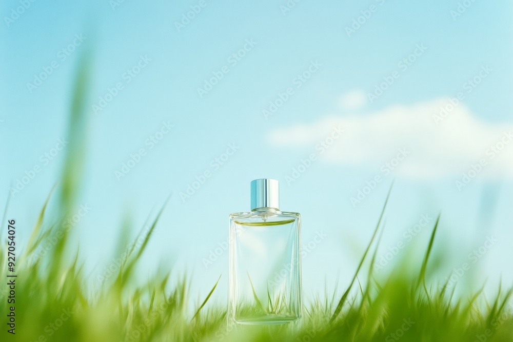 Poster abstract perfume bottle in green field with blurred mist and clear blue sky, captured with long expo