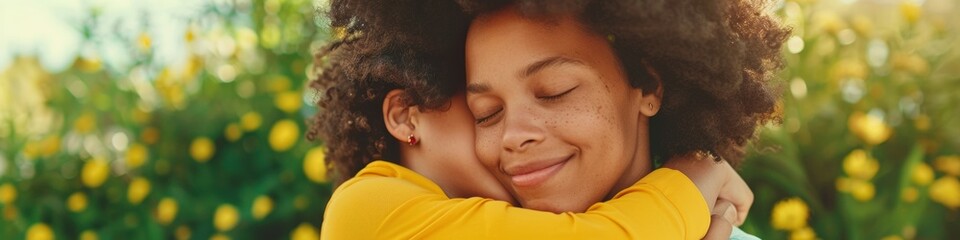 Obraz premium Mothers Day Garden Hug Middle-aged Black Mother and Daughter Embracing in Springtime Flower Garden