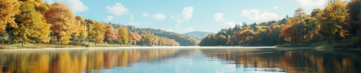 Obraz premium Serene Morning at Tranquil Lake with Autumn Foliage and Rising Mist Reflecting Natures Peaceful Beauty