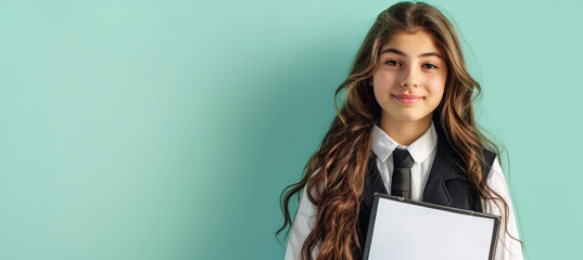 Confident Schoolgirl with Science Project and Notebook in Neatly Pressed Uniform on Pastel Green Background
