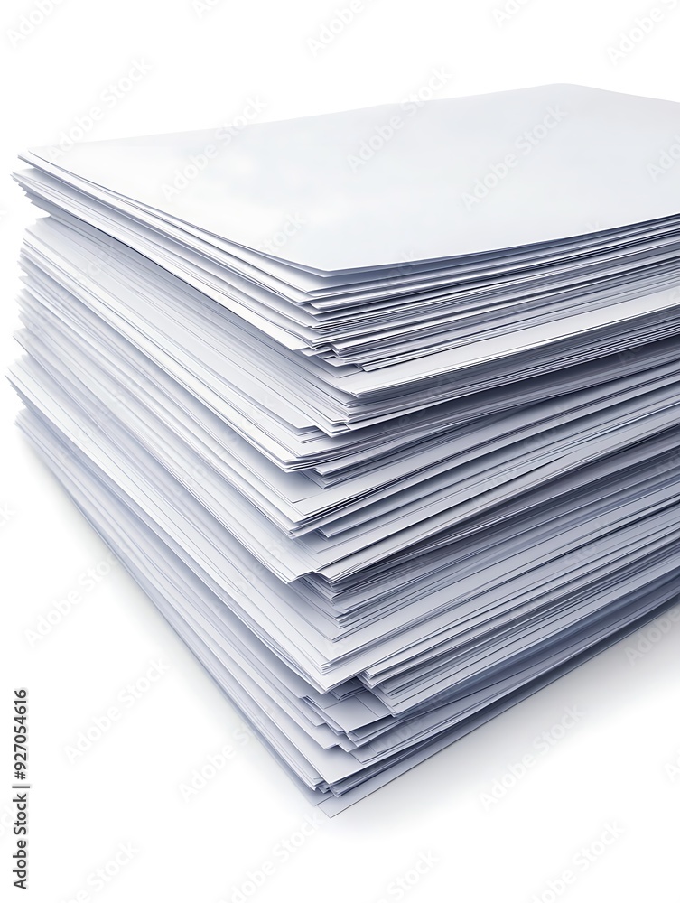 Poster stack of paper with multiple text layers, close-up, white background, light shadow effect, more clar