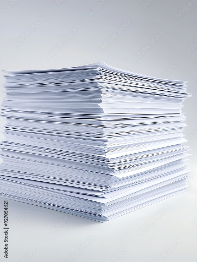 Poster stack of paper with multiple text layers, close-up, white background, light shadow effect, more clar