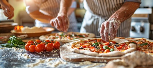 Middle Aged Friends Enjoying a Cooking Class, Creating Gourmet Pizzas in a Rustic Kitchen
