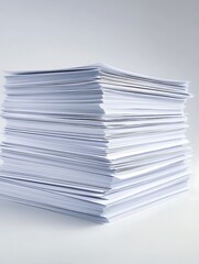 Stack of paper with multiple text layers, close-up, white background, light shadow effect, more clarity with clear light and sharp focus, high detailed