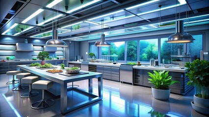 futuristic laboratory modern technology sleek lines avant garde design neon lights futuristic ambiance scientific experimentation innovative cuisine healthy innovation