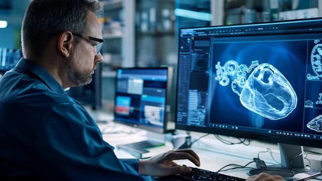  Biomedical engineer sitting at desk using software on computer screen