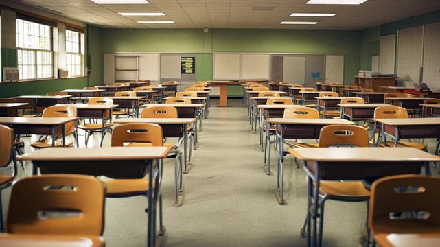  an empty classroom filled with unfilled student desks.
