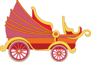 Cartoon style illustration of a colorful vintage chariot waiting for the horses to be harnessed