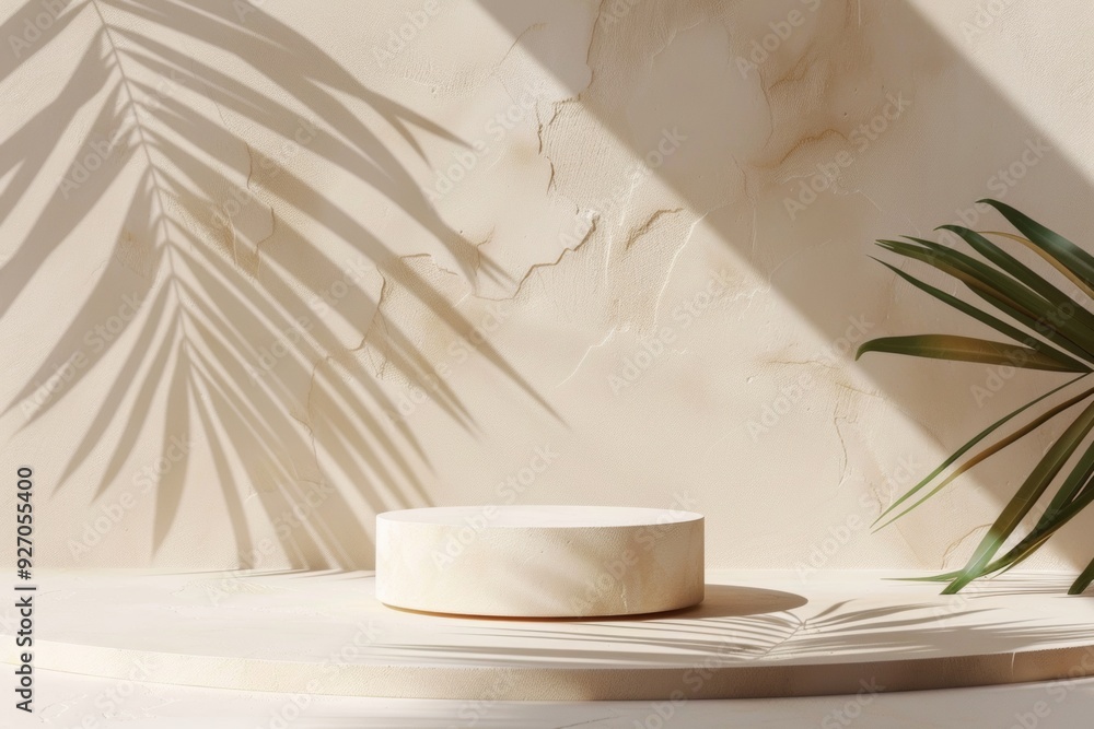 Poster minimalist monochromatic mockup soft beige podium with natural shadows and diffused light on a white