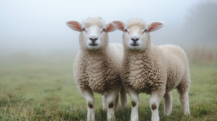 Obraz premium A misty morning with sheep grazing in a tranquil field, the fog creating a soft and calming atmosphere