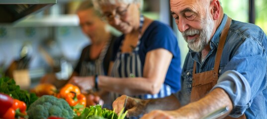 Middle-Aged Friends Enjoy Vegetarian Cooking Class with Fresh Ingredients and Expert Chef Guidance