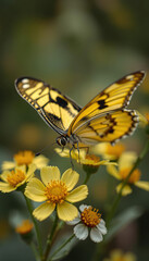 A butterfly is sitting on a yellow flower