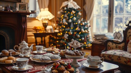 Cozy Christmas Tea Party in Elegant Living Room with Holiday Decorations and Festive Pastries
