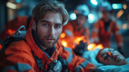 Paramedic Performing CPR on a Patient at an Accident Scene, with Defibrillator and Emergency Medical Equipment Ready, While Colleagues Assist in the Background, Emphasizing Critical Response in Life-T