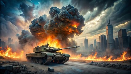 intense stormy vortex swirling misty veil revealing dramatic fiery explosion military tank battle misty foggy warzone desolate urban landscape apocalyptic