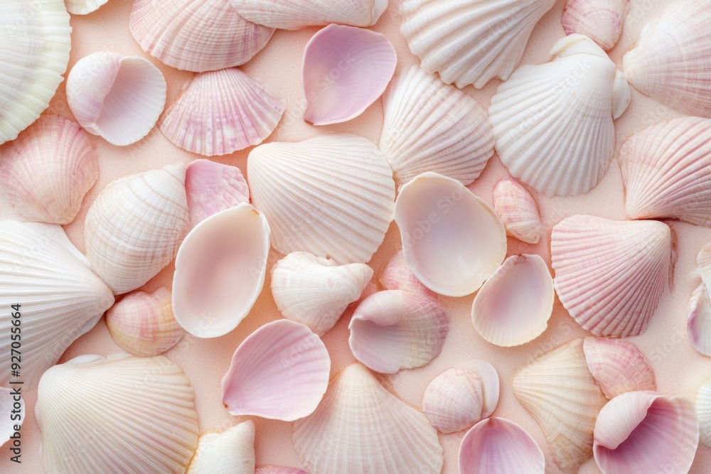 Poster geometric aerial view of symmetrical pastel pink seashells pattern with soft natural lighting