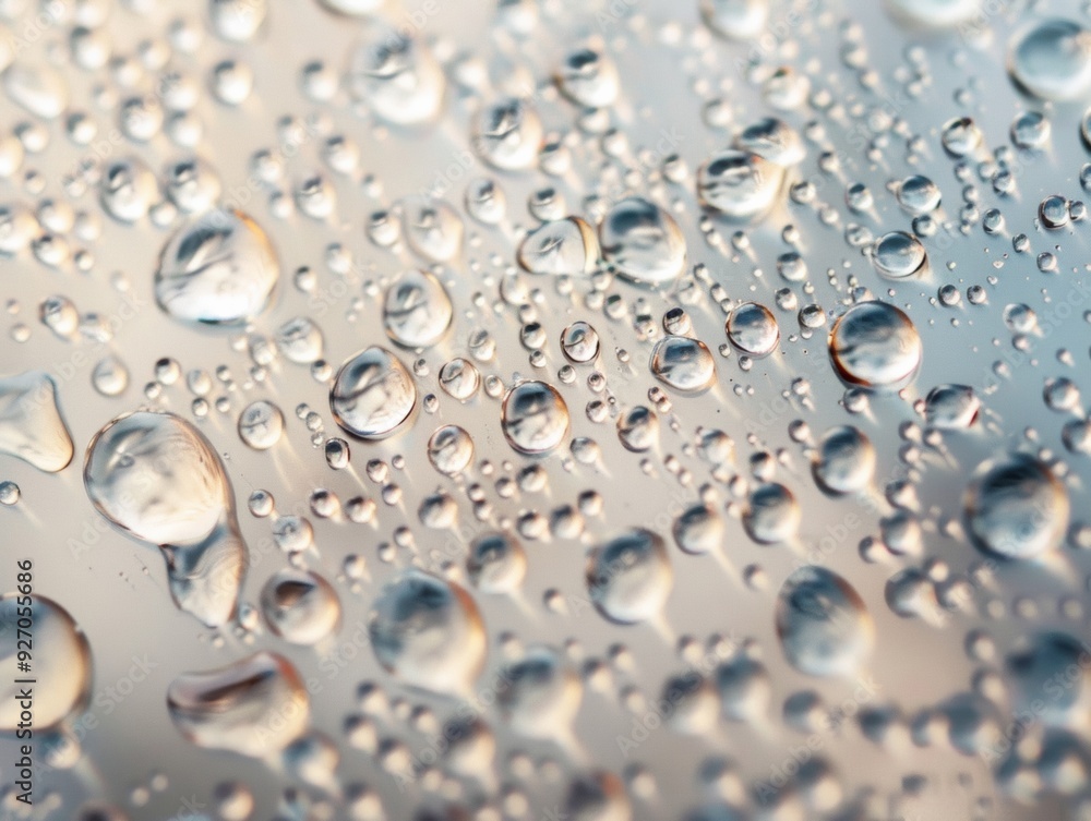 Poster aerial view of symmetrical water droplets on geometric patterned surface with bright diffused lighti