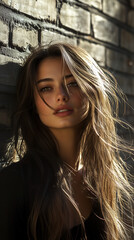 Fototapeta premium portrait of young woman stands against a brick wall with flowing hair illuminated by soft sunlight her serene expression glowing in the natural light peaceful atmosphere