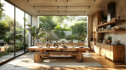 Fototapeta premium Rustic Farmhouse-Style Dining Room with Cozy Wooden Table and Inviting Atmosphere