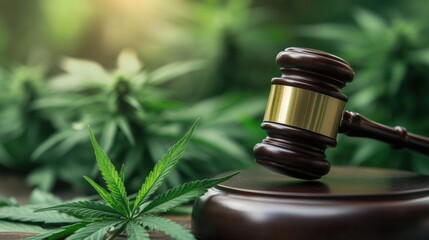 Gavel striking near a cannabis leaf, representing the ongoing legal challenges and discussions in the cannabis industry