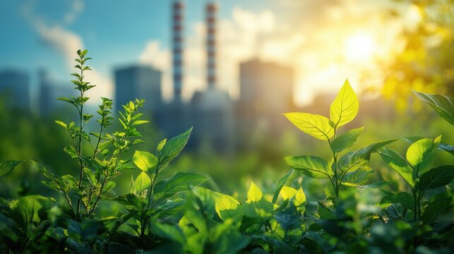A modern power plant framed by fresh green leaves, showcasing the harmony between industrial progress and environmental preservation