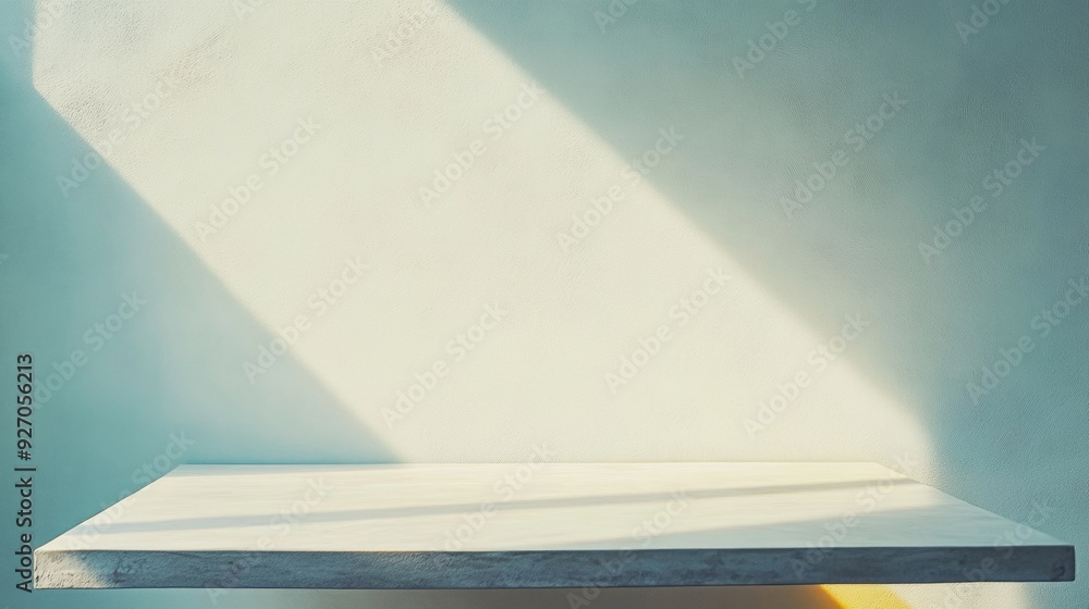 Poster serene calm light blue stucco surface with tranquil beach bokeh background for product display at su