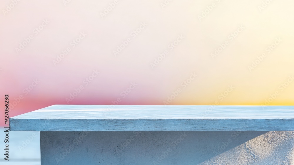 Aufkleber Minimalist Light Blue Stucco Table Surface with Tranquil Blurred Beach Background at Sunset, Creating a Serene and Calm Atmosphere with Complementary Color Scheme