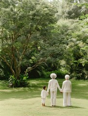 Fototapeta premium Elderly Black Woman and Daughter Holding Hands in Serene Garden - World Alzheimers Day, Morning Peaceful Connection