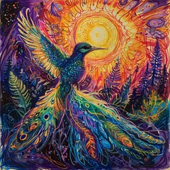 Fototapeta premium 透明水彩画で描かれた色鮮やかな異世界風の鳥